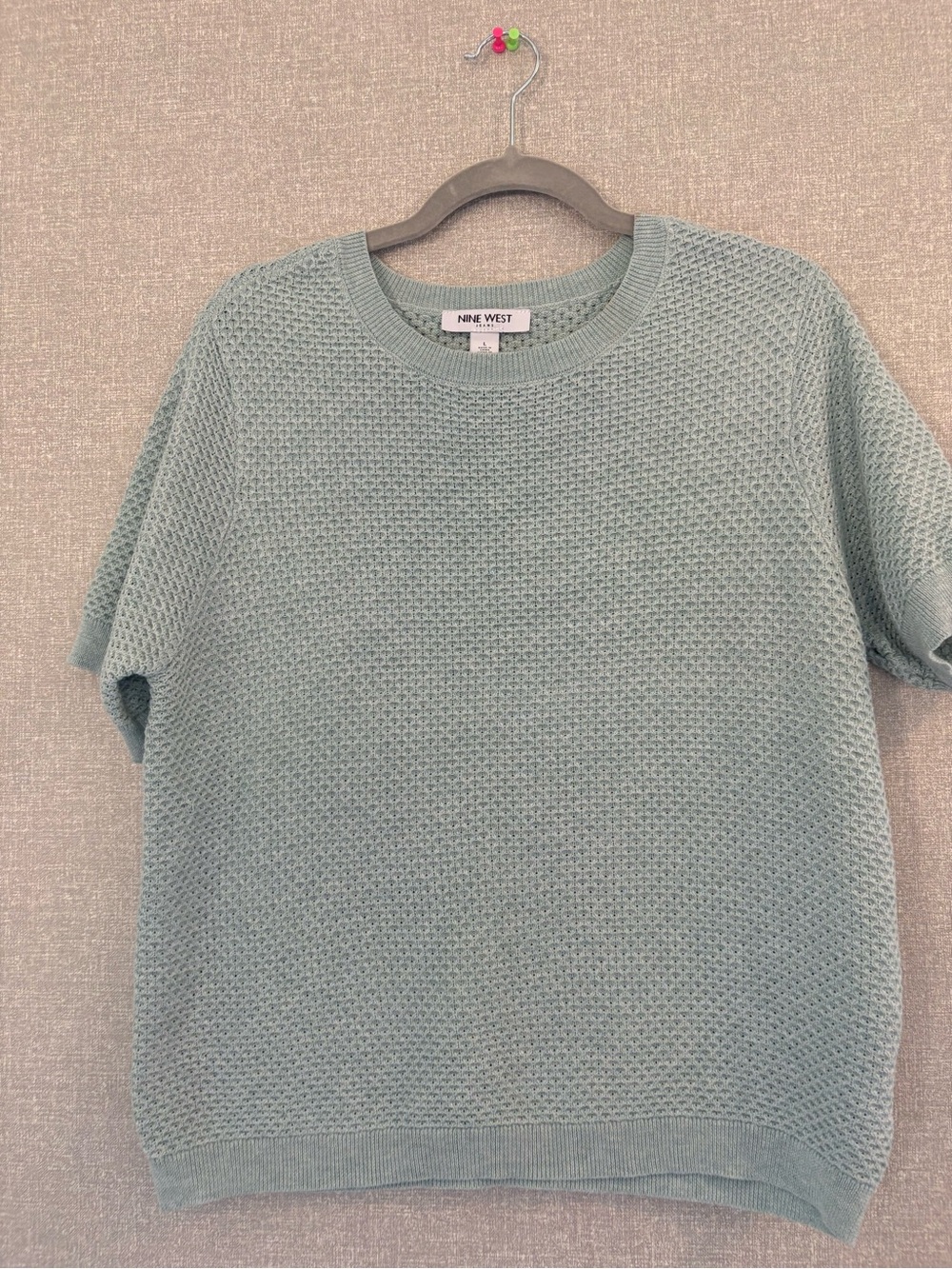 Nine West Sage Green Textured Short-Sleeve Crewneck Sweater